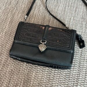 BRIGHTON Black Embossed Leather Wallet Organizer Crossbody Bag
